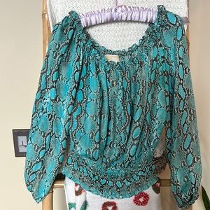 Michael Kors teal / turquoise long sleeve snake print blouse